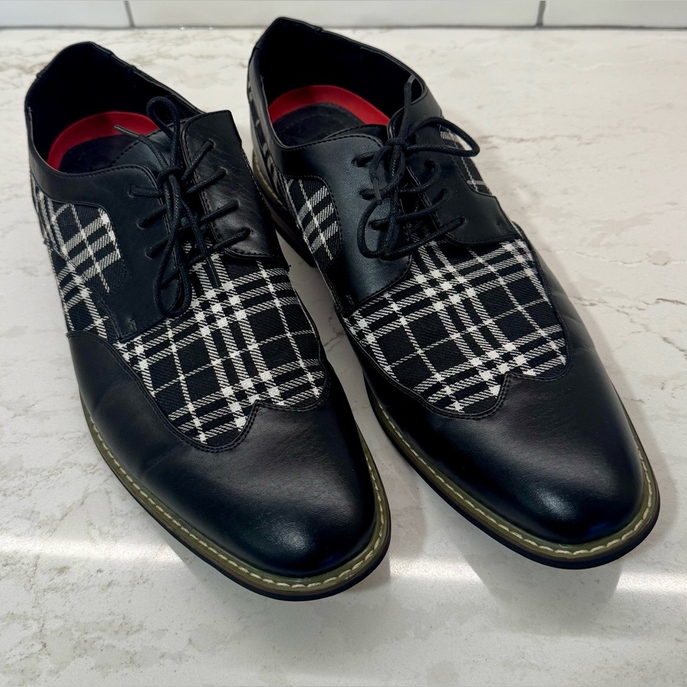 🎬 Parazzo Black & White Plaid Men’s Lace Up Oxford Unique Dress Shoes - Size 13